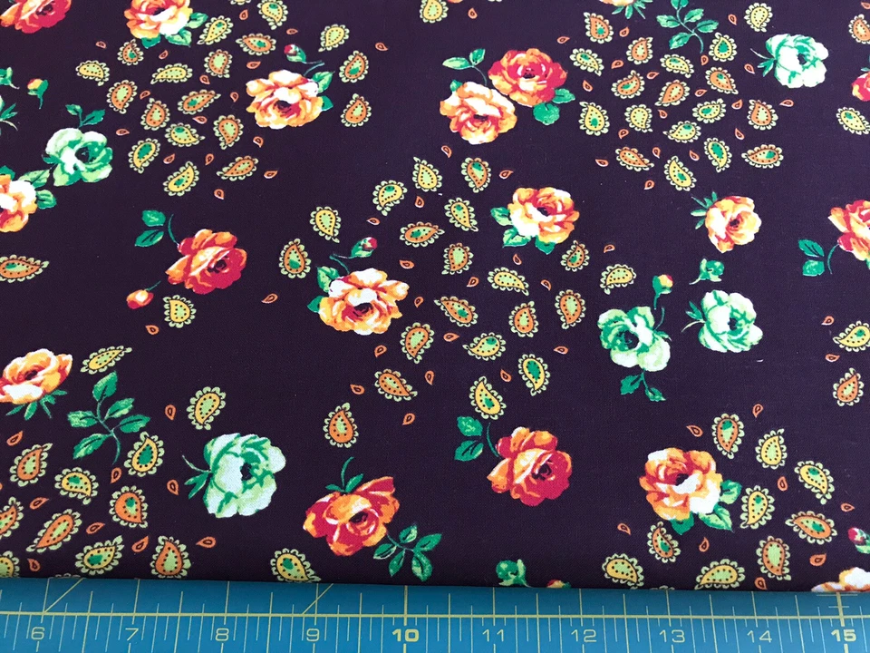 Tecido 100% algodão verde pêssego flores em paisley marrom vendido por jarda #164 - Imagem 1 de 1