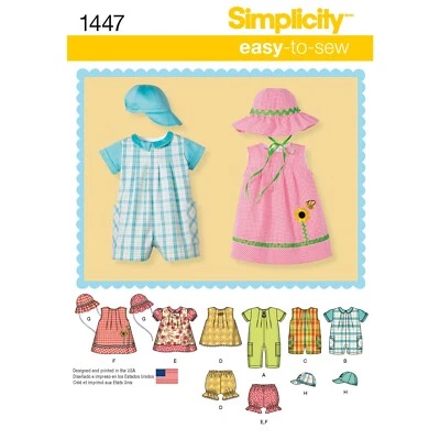 SIMPLICITY 1447 ROMPER DRESS TOP PANTIES HATS Child's Sewing Pattern Sizes XXS-L - Image 1 of 4