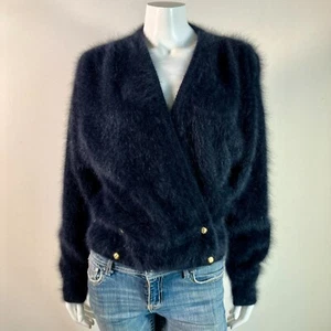 100 % Angora Fuzzy Vintage JOIA HIN schwarz Halstuch V-Ausschnitt Strickjacke Pullover 40 in Büste - Bild 1 von 10