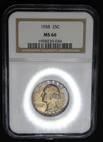 1958 Washington Silver Quarter NGC Graded MS 66 Rainbow Color Toning Toned Coin Cover