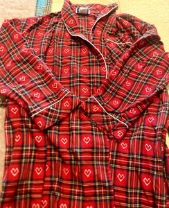 LANZ/SALZBURG VTG Eileen West Red Tartan Plaid Flannel ROBE Hearts SIZE L EUC - Picture 1 of 17