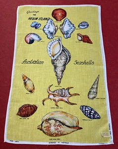 Vintage Linen Tea Towel w Australian Seashells Pattern Heron Island Kitchen Art - Picture 1 of 15