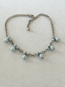 VINTAGE BABY BLUE FAUX PEARL SILVER TONE LINK ANKLET BRACELET - Picture 1 of 2