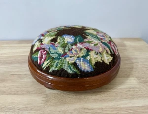 Vintage Wooden Small Round Footstool – Floral Needlepoint Top, Cottagecore Decor - Picture 1 of 9