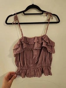 American Eagle Women’s Size Medium Purple Eyelet Ruffled Tie-Strap Crop Top - Picture 1 of 9