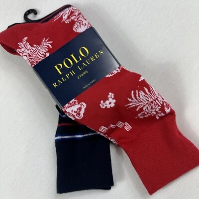 Polo Ralph Lauren 2 Pares Bearwaiian Rojo Azul Marino Vestido Calcetines Hombres Talla 10-13 Nuevo Foto 1 de 4
