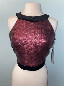 ob-sess Isabella Moner SZ 16 Burgundy Sequined Sleeveless Halter Crop Top NWT - Picture 1 of 8