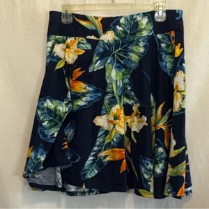 E-63 Chaps Blue & Orange Tropical Floral Print Pull on MIDI Skirt Size M - Picture 1 of 9
