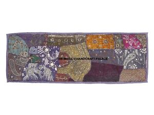 Grey Beaded Kundan Patchwork Decorative Tapestry Wall Hanging Vintage Art 60"