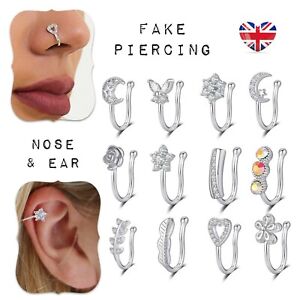 Nose & Ear Ring Cuff Non Piercing Fake Clip On Stainless Steel Moon Flower Heart
