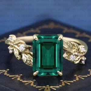 5.20ct Emerald Cut Natural Emerald & Diamond Wedding Ring 18K Yellow Gold Plated - Picture 1 of 16