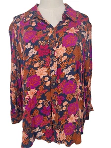 NWT Democracy Women's Plus Size 2X Floral Collared Button Up Shirt 3/4 Sleeve - Picture 1 of 19