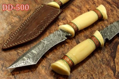 11" Damascus steel American Tanto blade custom made Knife, Bone scale Cow sheath - Image 1 of 4