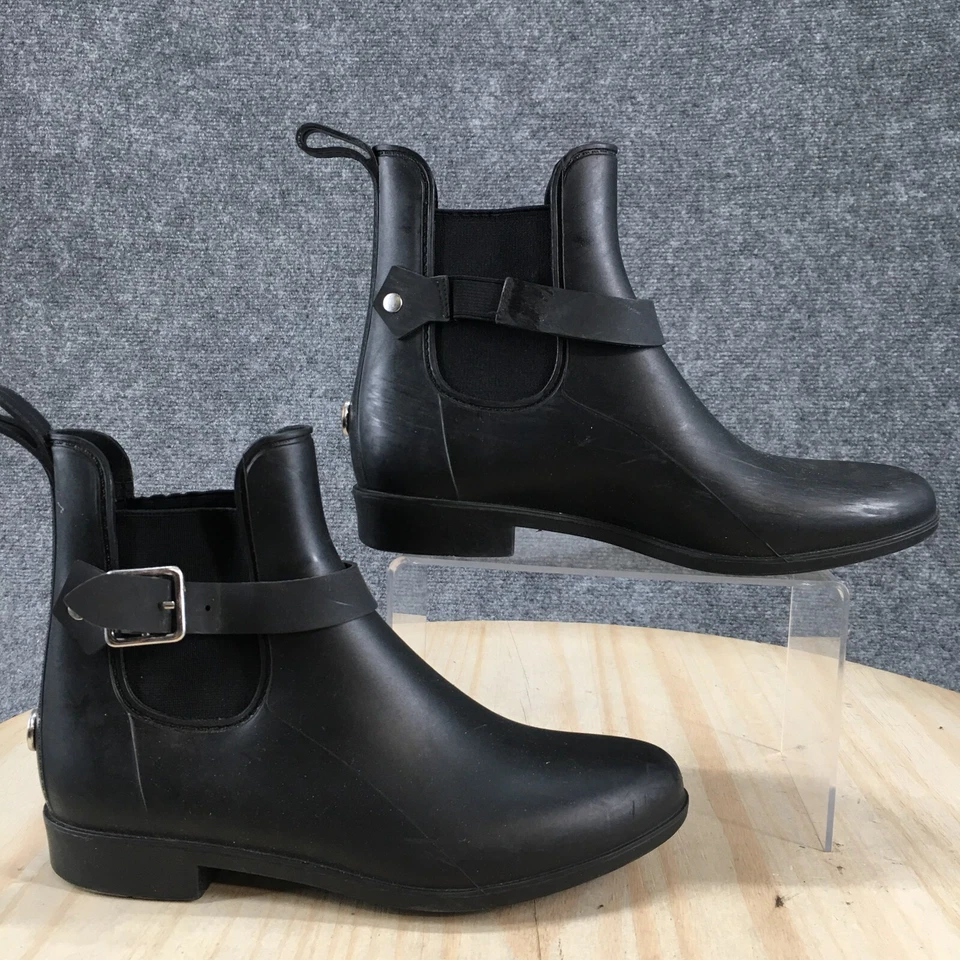 Botas de azúcar para mujer 7 botines al tobillo de lluvia correa con hebilla punta redonda de goma negra Foto 1 de 4
