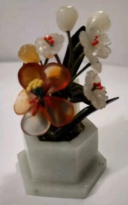 Vintage Miniature Jade Stone & Glass Flowers in A Jade Pot 2.5" Tall - Picture 1 of 6