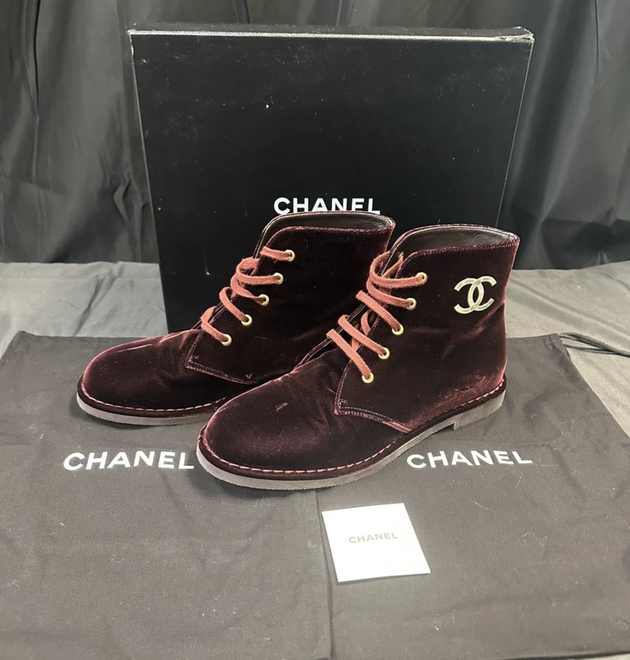 Botas curtas Chanel Burgundy veludo 0G416 10B tamanho 41 (EUA 9.5) - Imagem 1 de 4