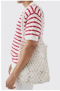 Boohoo OPEN KNIT CROCHET TOTE BAG IN WHITE Mens Women’s Unisex Beach - Picture 1 of 4