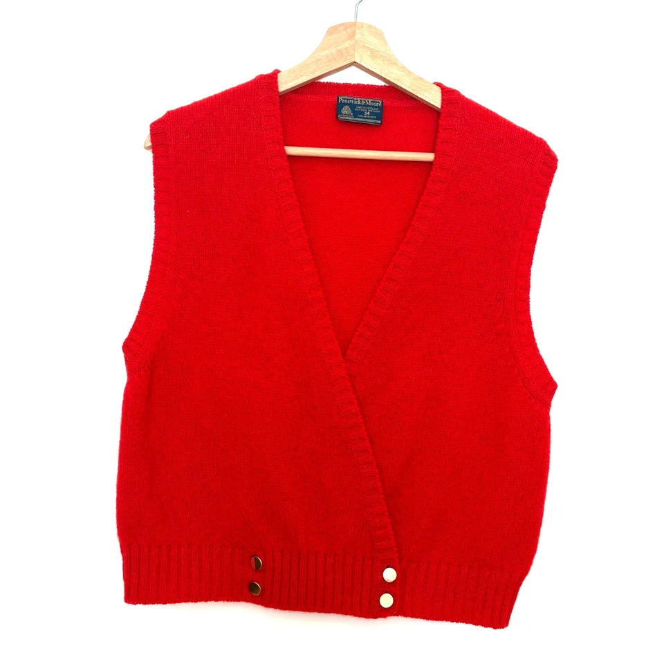 Antigo Colete Suéter Feminino Preswick & Moore Vermelho 100% Lã Shetland Botões Dourados - Imagem 1 de 4