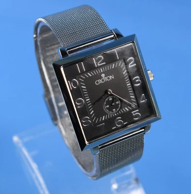 CROTON Japanese STAINLESS STEEL MEN'S WATCH Black Dial, Mesh Band-Runs Great - Image 1 of 4