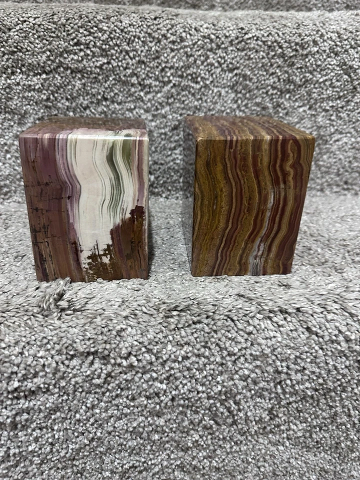 VTG Tan Marbled Stone Square Heavy 3” X 4” Mid Century Modern Decor Bookends - Image 1 of 4