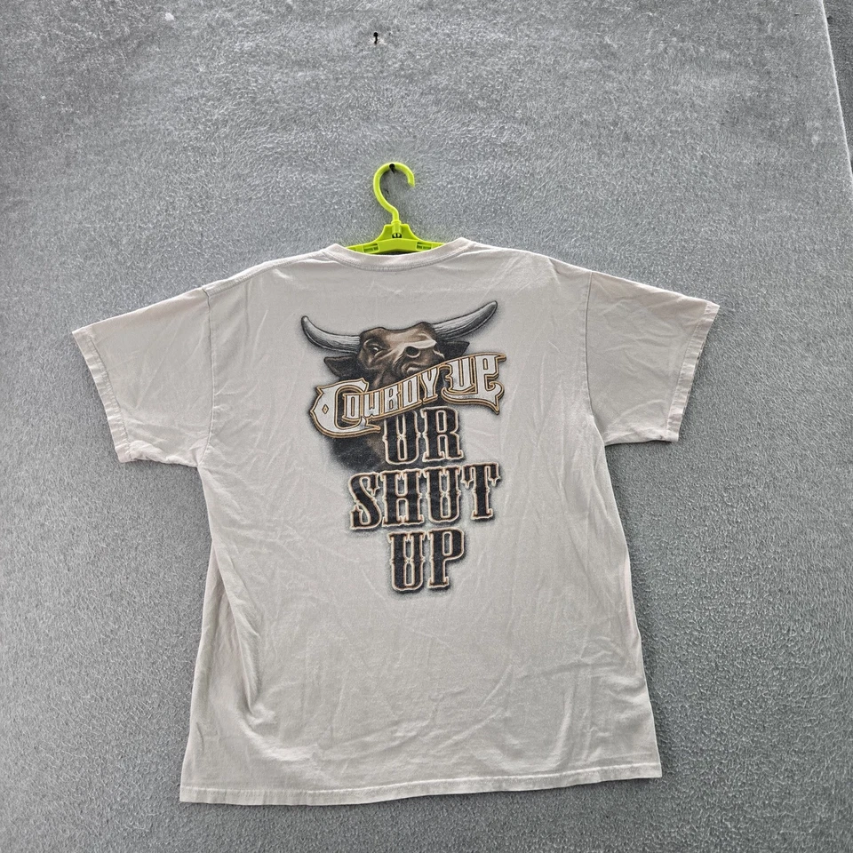 Cowboy Up Men Shirt L Beige Graphic Print Bull Western Text - Image 1 of 4