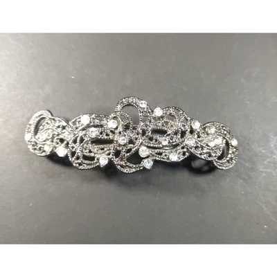 Hair Barrette Black Metal Clear Rhinestones Tension Clip Party Goth Elegant - Image 1 of 4