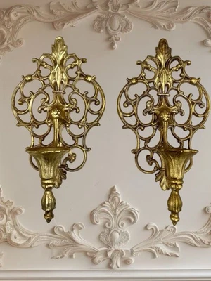Par de Candelabros Florentinos de Metal Dorado De Colección Hollywood Regency Romántico Elegante Foto 1 de 4