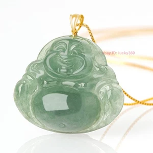 Certified Ice Green Natural Jade jadeite 18K Solid Gold Buddha Pendant Necklace - Bild 1 von 10