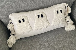 TK MAXX Halloween Ghost Pillow White Ghosts Cushion RARE tassels 65 cm cotton - Picture 1 of 4