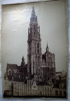 Fotografía original c1890 con respaldo de lino sepia 15" x 11" Anvers Catedral Bélgica Foto 1 de 2