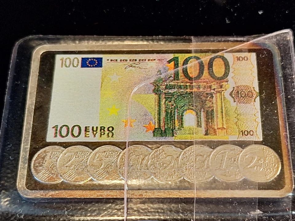 Lingots d'argent 1 once argent fin 999 billet de 100 euros Money Collection RARE - Photo 1/2