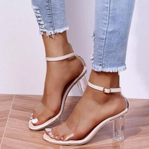 Sandalias para mujer con correa en el tobillo tacón alto cristal transparente zapatos de fiesta - Imagen 1 de 12
