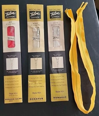 4 Vtg Talon Zipper 22" Nylon Coil Neckline White Bone Red Yellow Self-Healing - Image 1 of 4