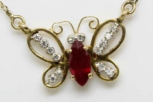 Ruby Diamond Butterfly Necklace 14K Solid Gold Genuine Ruby Diamond 17.5 Inches - Picture 1 of 12