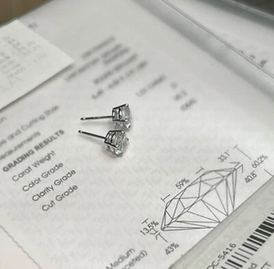 14K Solid White Gold Round IGI Lab Grown Diamond Push Back Stud Earrings 2ctw - Picture 1 of 1