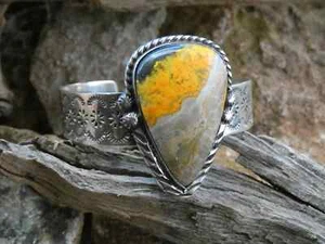 Yellow Bumble Bee Jasper Hand Stamped Sterling Silver Unisex Bracelet Cuff K14 - Picture 1 of 11
