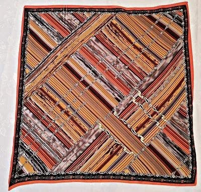 BUFANDA CUADRADA VINTAGE AUTÉNTICA A RAYAS ECUESTRES CUENTAS ARTÍSTICAS NARANJA NEGRO 33" Foto 1 de 4