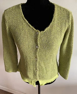 Laurie B Knit Sweater Cardigan Size Large Green Lime Green USA Cotton Acrylic - Picture 1 of 6