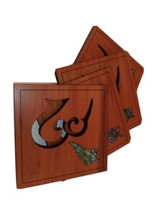 "W" Inlayed Abalone Leaf Wood, Set Of 4, 3.5" Square Coasters - Picture 1 of 5