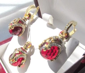 JUEGO DE PENDIENTES COLGANTES DE GRANATE HECHOS A MANO PLATA ESTERLINA SÓLIDA RUSA 925 ORO 24K - Imagen 1 de 4