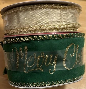 Holiday Time 25’ & 15' Holiday Merry Christmas & Solid Ribbon - New - Picture 1 of 4