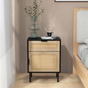 Costway Mid Century Modern Rattan Nightstand Set of 2 with Drawer and Cabinet... - Picture 1 of 11