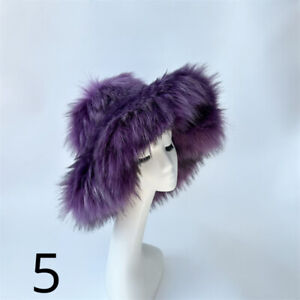 Women Faux Fur Bucket Hat Winter Warm Fluffy Plush Wide Brim Oversized Baggy