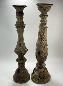 2 Vintage Ornate Distressed Column Pedestal Acanthus Leaf Pillar Candle Holder - Picture 1 of 12