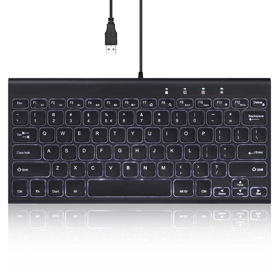 Perixx Periboard-429 US Wired Mini Backlit Keyboard - Thin and Silent Black