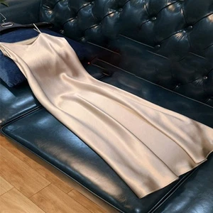 Loose Fitting Satin Dress Women Fashionable Design Regular Length Solid Color - Picture 1 of 12