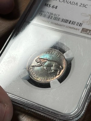 Blue & Rainbow Toning! 1967 MS64 25C Canada NGC Canadian Silver .800 Fine - Image 1 of 4