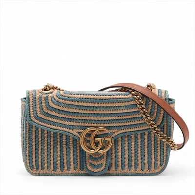 Gucci GG Marmont Straw Chain Shoulder Bag Beige x blue 443497 - Image 1 of 4