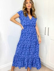 AX PARIS LADIES  FRILL TIERED MIDI WRAP DRESS BRAND NEW SIZE 12UK BLUE FLORAL - Picture 1 of 2