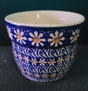 Vintage polnischer Keramikpflanzgefäß 4"" T x 5"" W weiß & BLAU - GÄNSEBLÜMCHEN Blumentopf. - Bild 1 von 4